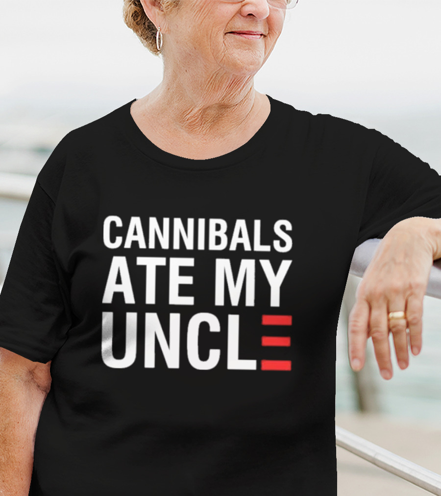Cannibals Ate My Uncle White Text Red Stripes T-Shirt