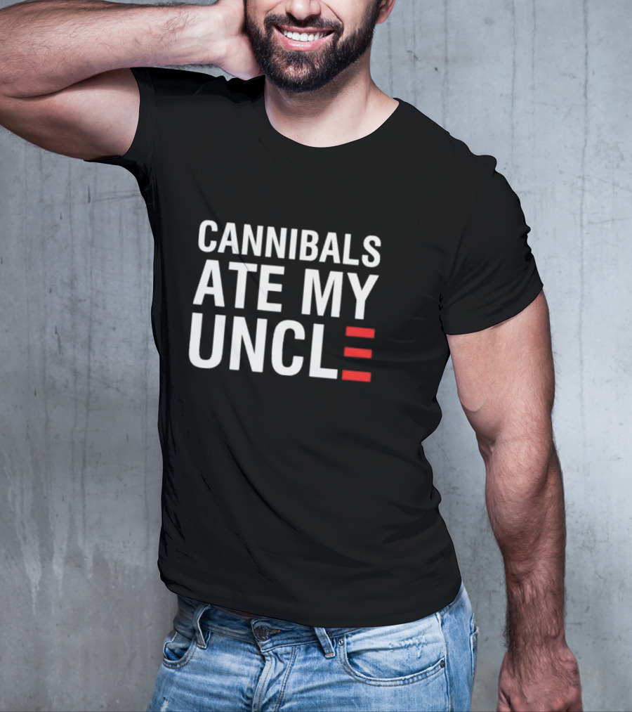 Cannibals Ate My Uncle White Text Red Stripes T-Shirt