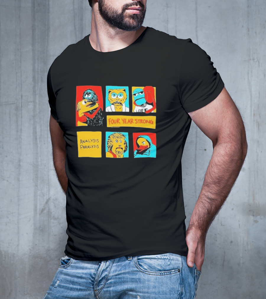 Four Year Strong Analysis Paralysis Characters In Colorful Panels T-Shirt