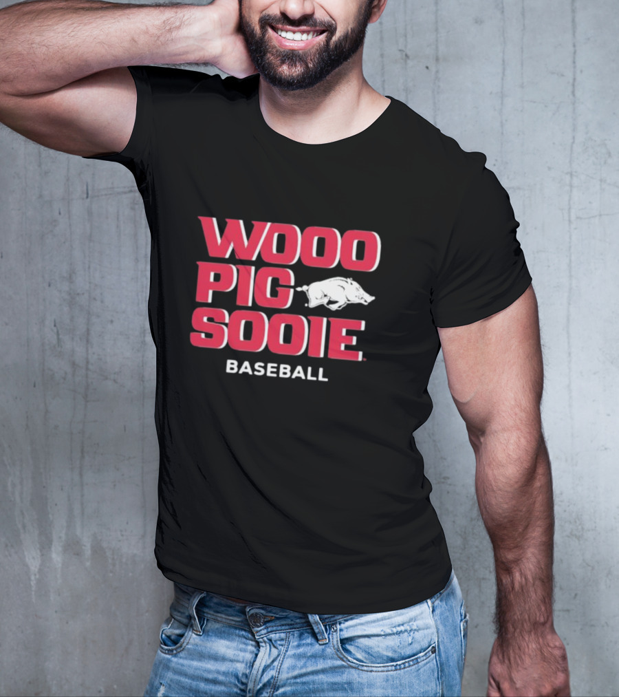 Wooo Pig Sooie Arkansas Baseball Black Pig T-Shirt
