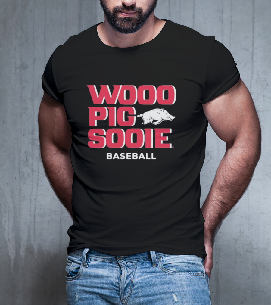 Wooo Pig Sooie Arkansas Baseball Black Pig T-Shirt