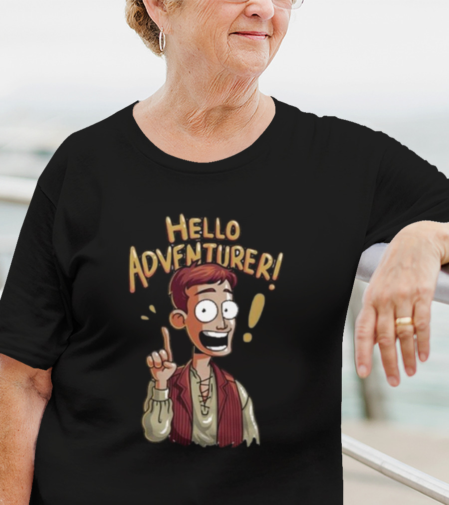 Hello Adventurer Enthusiastic Cartoon Character With Exclamation Point T-Shirt
