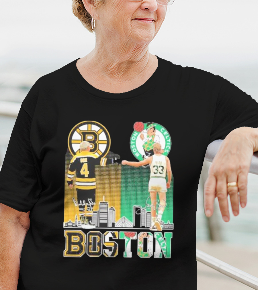 Bobby Orr Boston Bruins Larry Bird Boston Celtics Skyline Signatures Logos And Boston Text T-Shirt