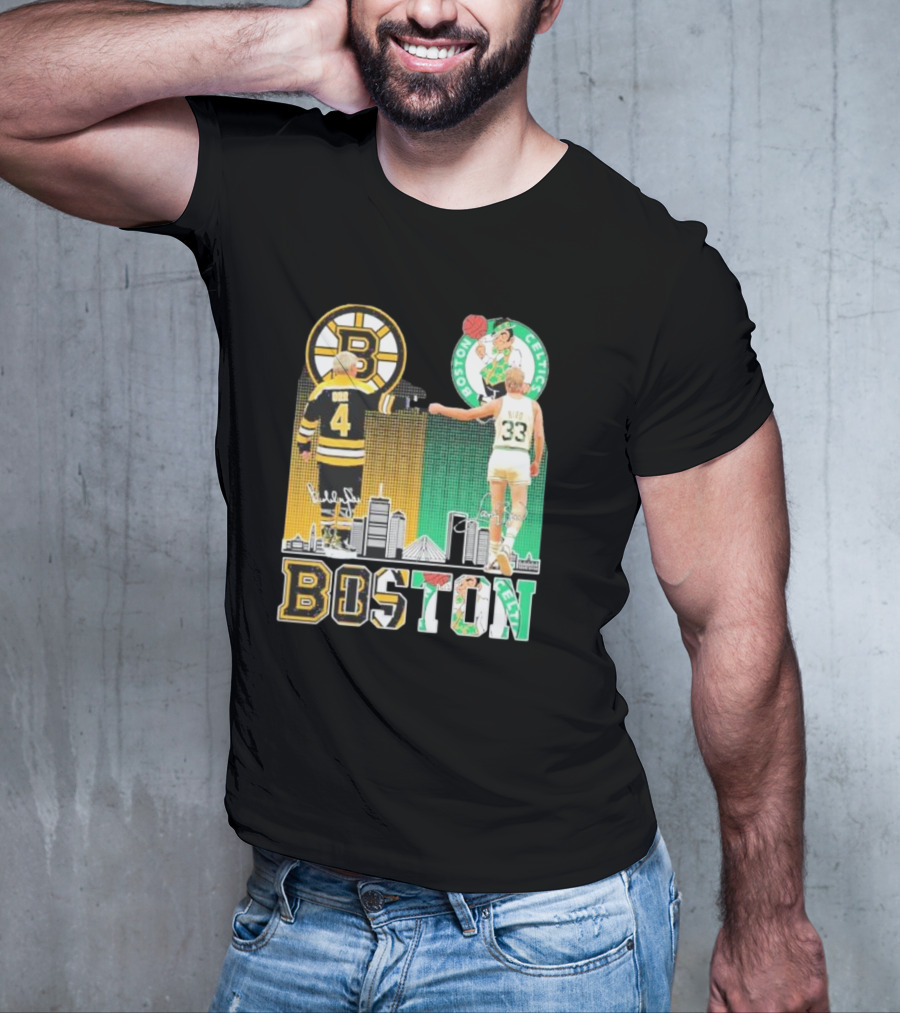 Bobby Orr Boston Bruins Larry Bird Boston Celtics Skyline Signatures Logos And Boston Text T-Shirt