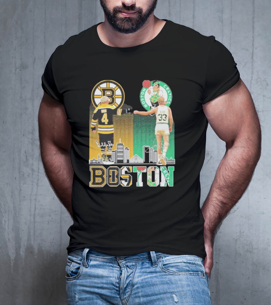 Bobby Orr Boston Bruins Larry Bird Boston Celtics Skyline Signatures Logos And Boston Text T-Shirt