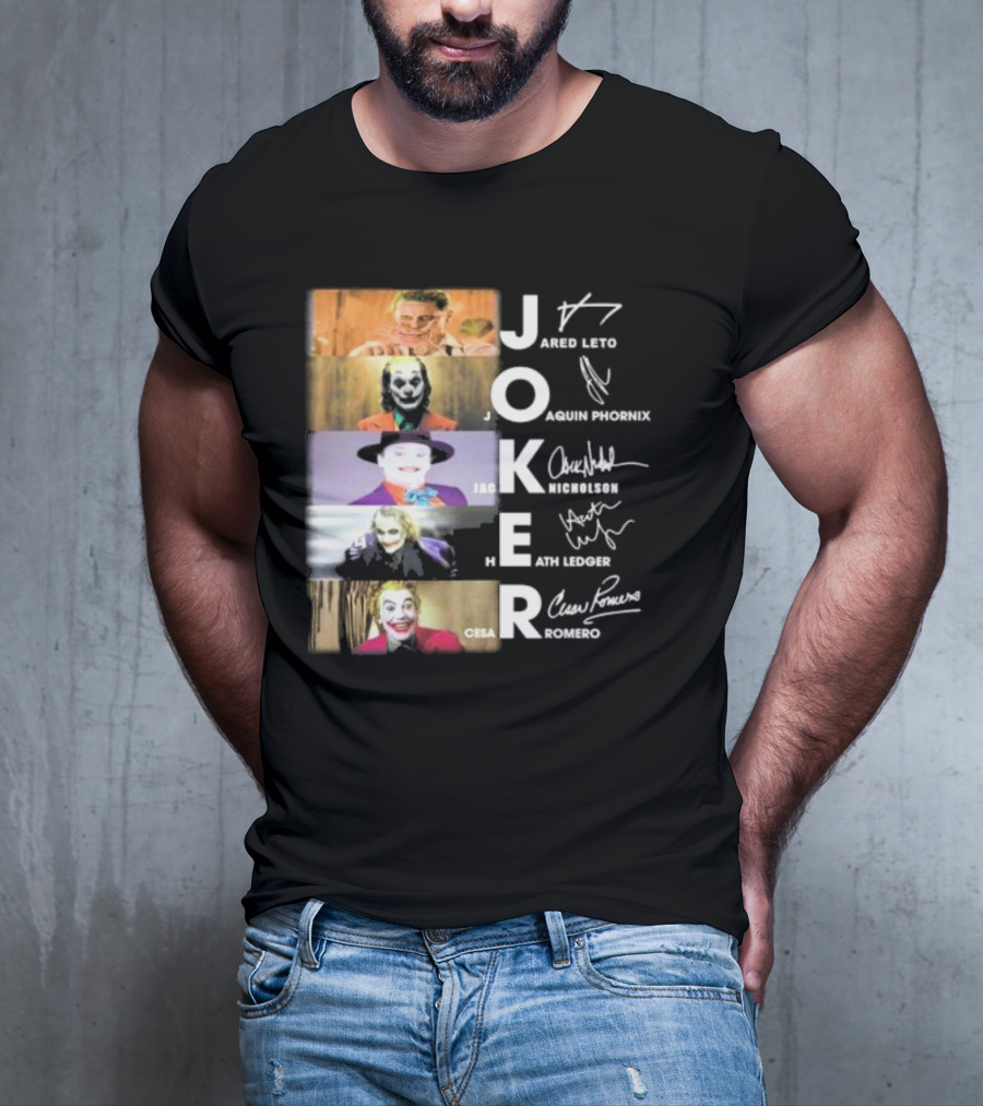 Joker Jared Leto Joaquin Phoenix Jack Nicholson Heath Ledger Cesar Romero Signatures DC Comics Movies All Stars Eras T-Shirt
