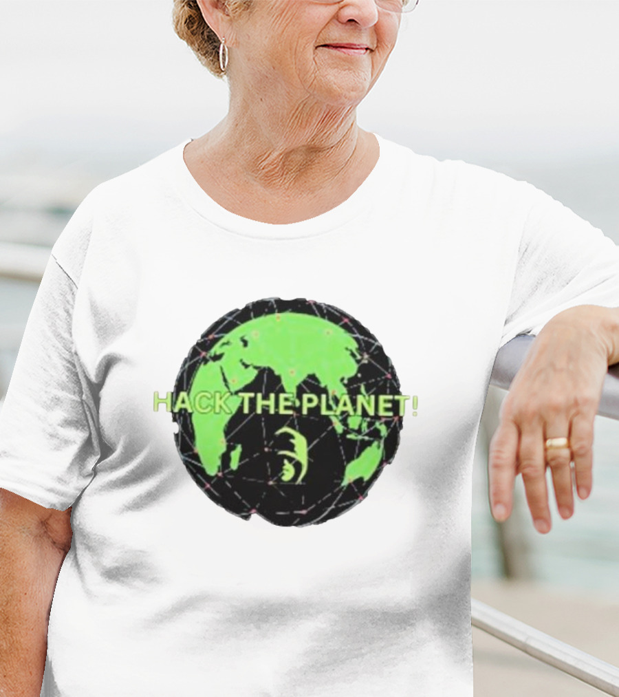 Hack The Planet Green And Black Globe Motif T-Shirt