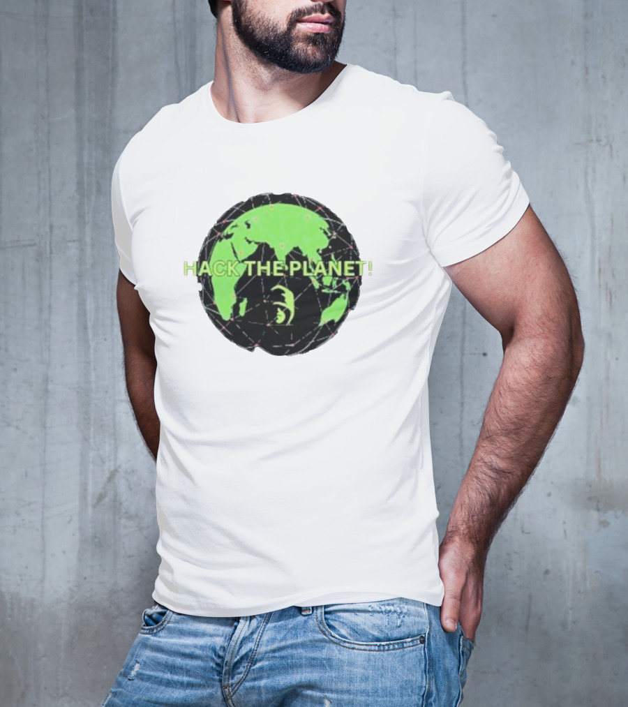 Hack The Planet Green And Black Globe Motif T-Shirt