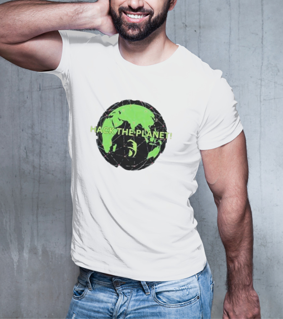 Hack The Planet Green And Black Globe Motif T-Shirt