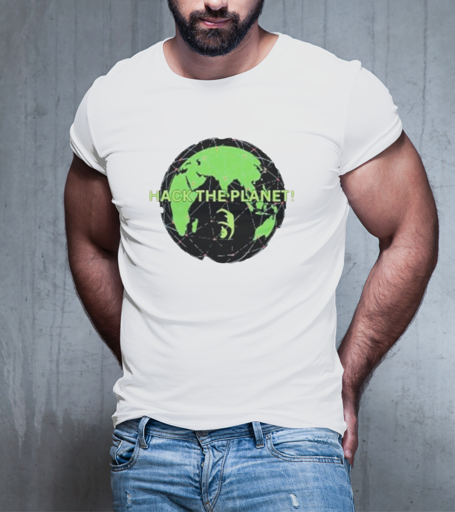 Hack The Planet Green And Black Globe Motif T-Shirt