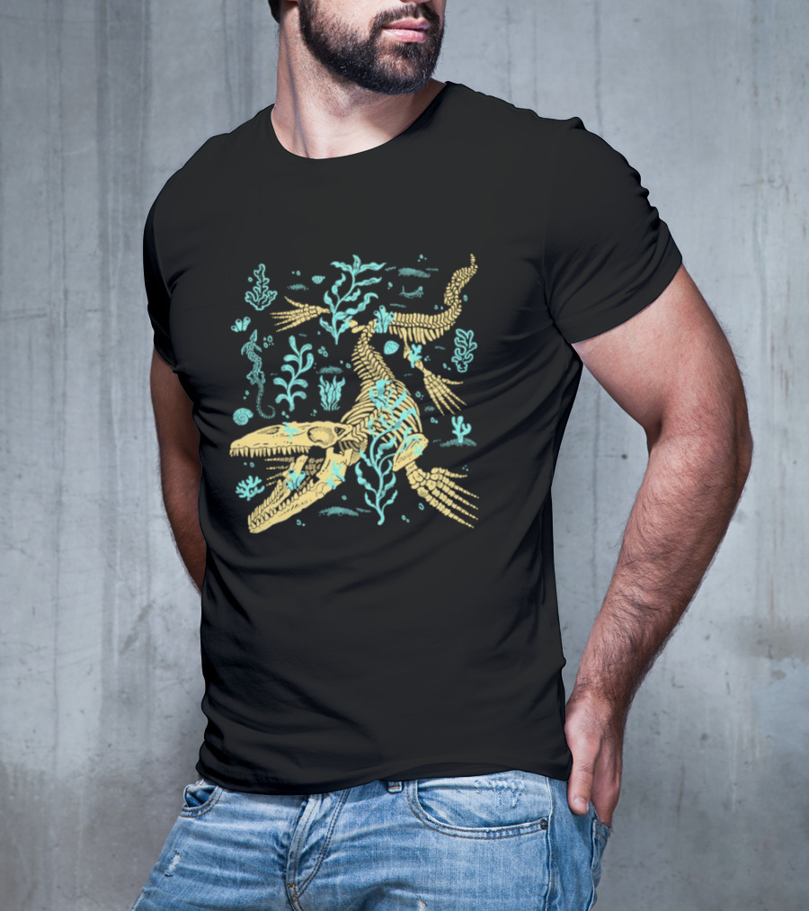 Mosasaurus Fossils Fitas Underwater Skeleton And Seaweed Scene T-Shirt