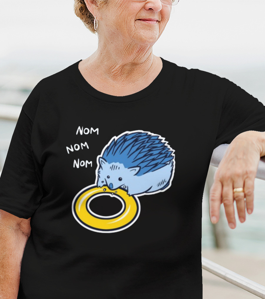 Sam Logan Hungry Blue Hedgehog Nom Nom Nom Eating Yellow Ring T-Shirt