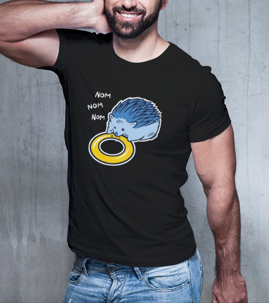 Sam Logan Hungry Blue Hedgehog Nom Nom Nom Eating Yellow Ring T-Shirt