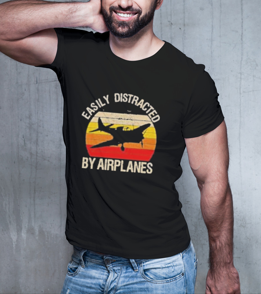 Easily Distracted By Airplanes Vintage Sunset T-Shirt