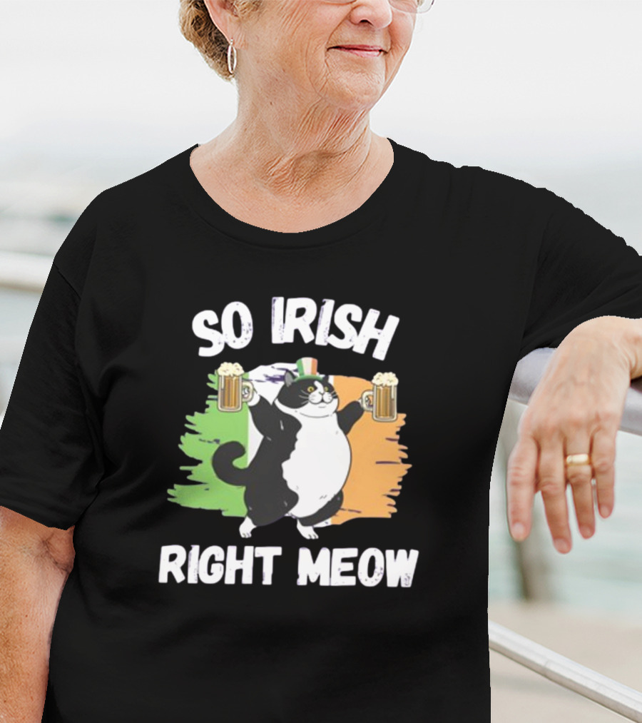 So Irish Right Meow Cat Holding Beer With Irish Flag In Background T-Shirt