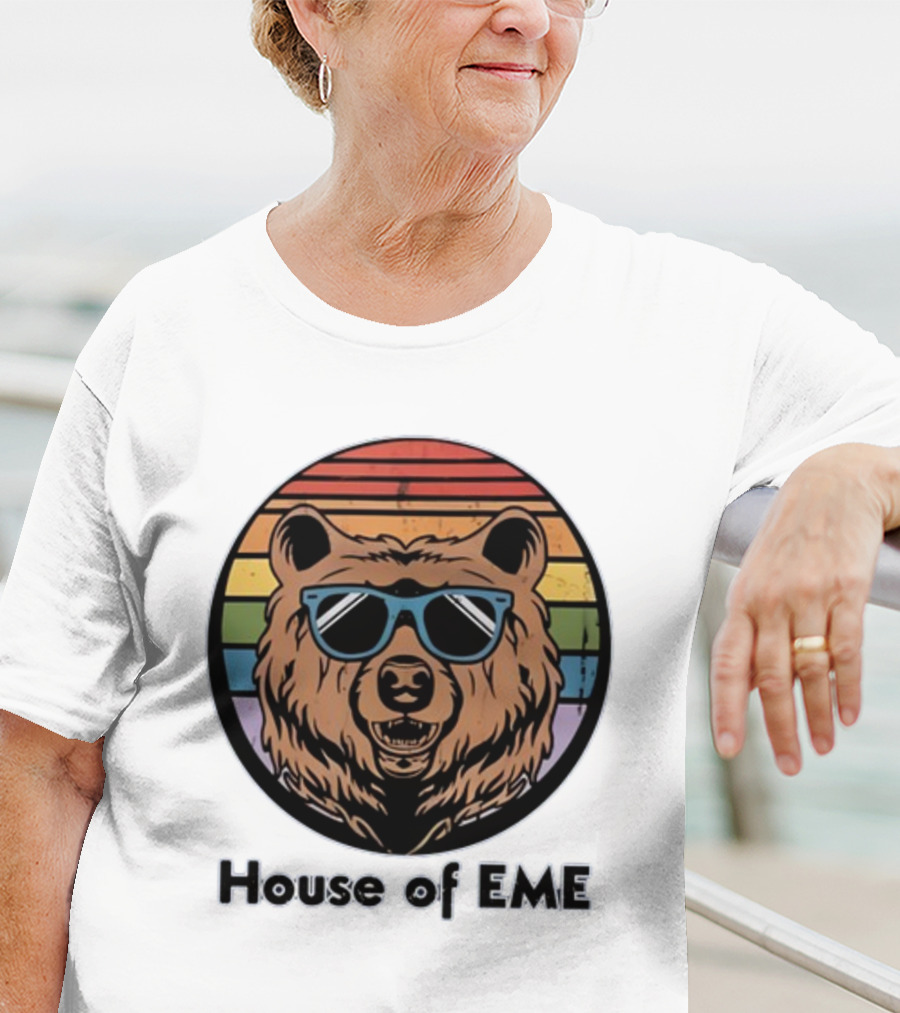 Migs Santillan House Of EME Bear Logo Sunglasses Rainbow Background T-Shirt