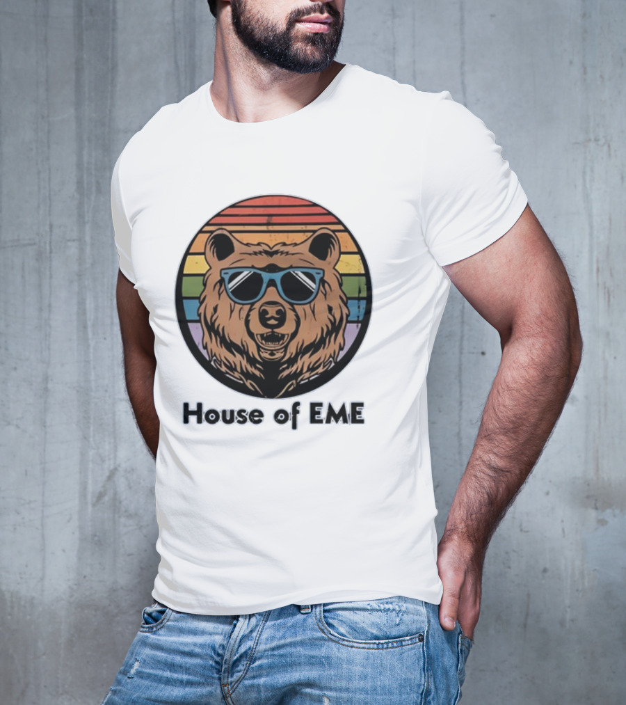 Migs Santillan House Of EME Bear Logo Sunglasses Rainbow Background T-Shirt