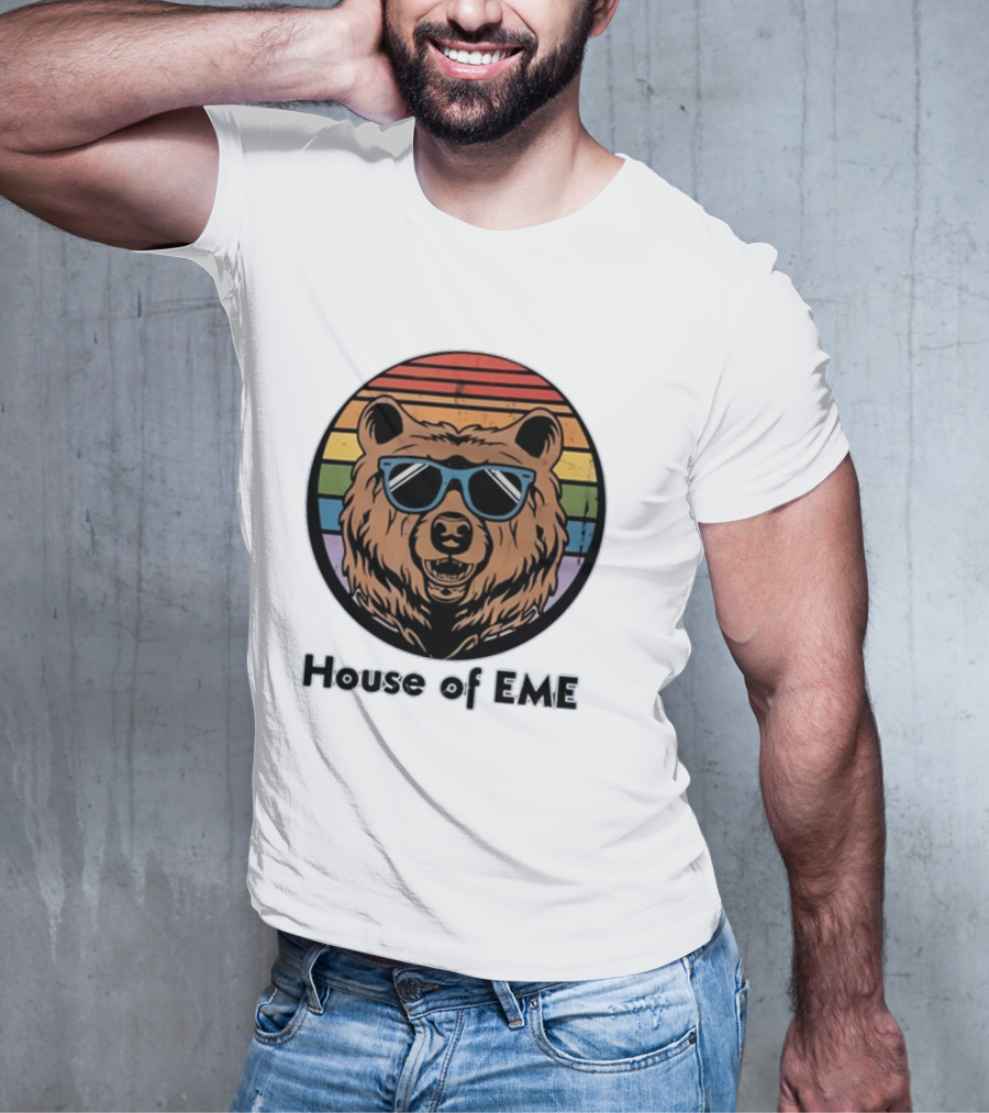 Migs Santillan House Of EME Bear Logo Sunglasses Rainbow Background T-Shirt