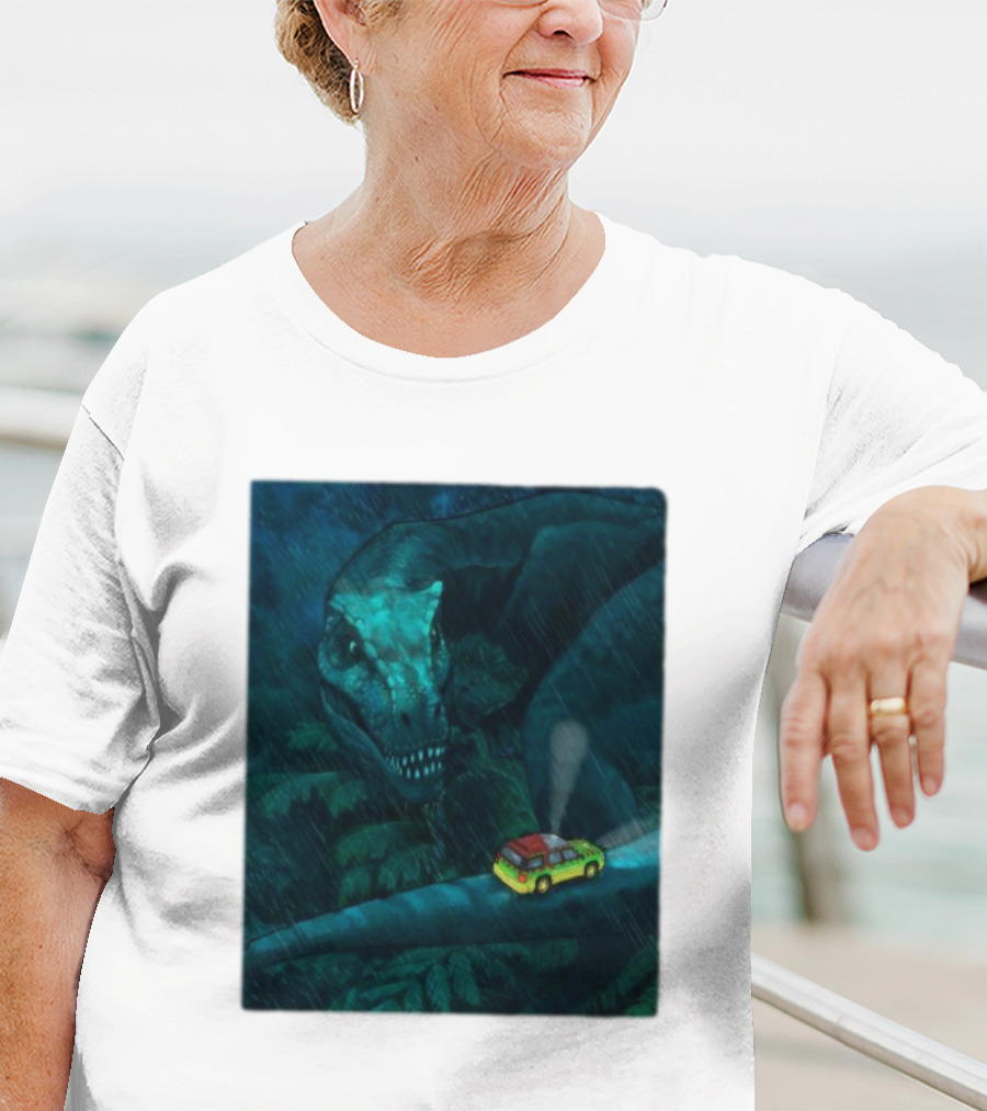 Jurassic Park T-Rex And SUV Night Scene Rainy Adventure T-Shirt
