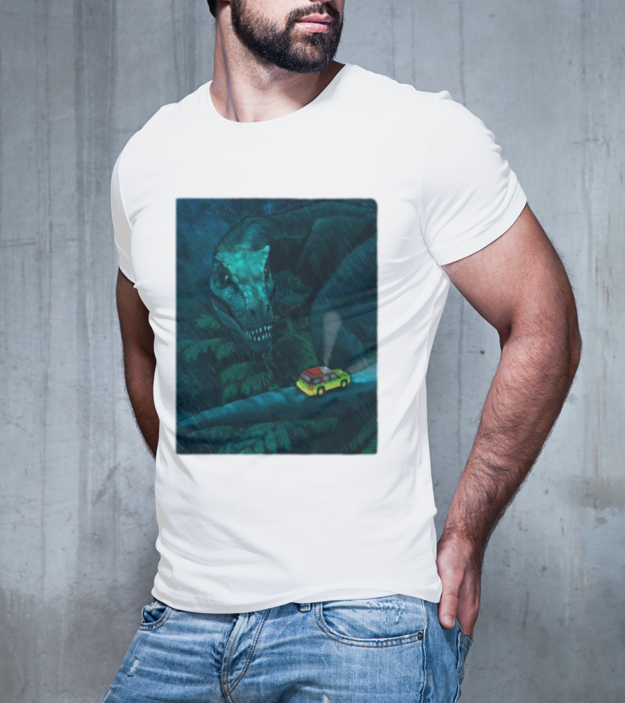 Jurassic Park T-Rex And SUV Night Scene Rainy Adventure T-Shirt