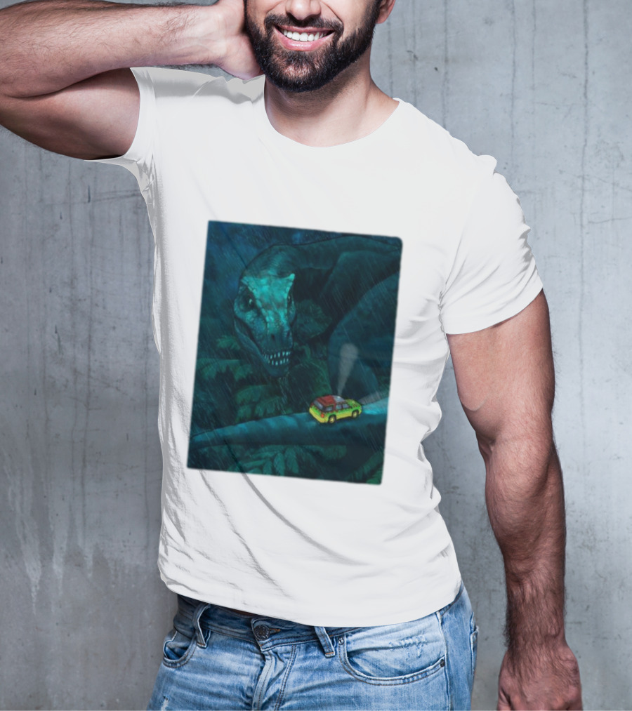 Jurassic Park T-Rex And SUV Night Scene Rainy Adventure T-Shirt