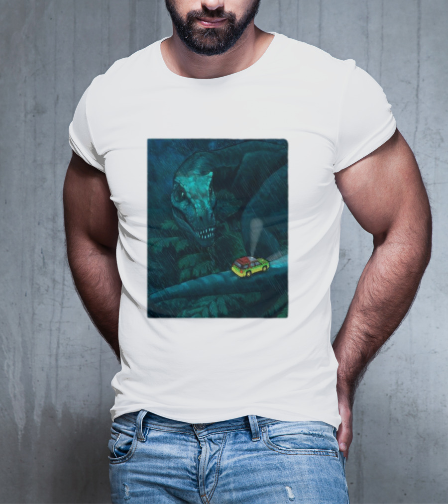 Jurassic Park T-Rex And SUV Night Scene Rainy Adventure T-Shirt