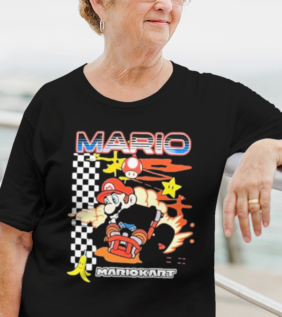Mario Kart Racing Finish Line Checkered Flag Banana Stars T-Shirt
