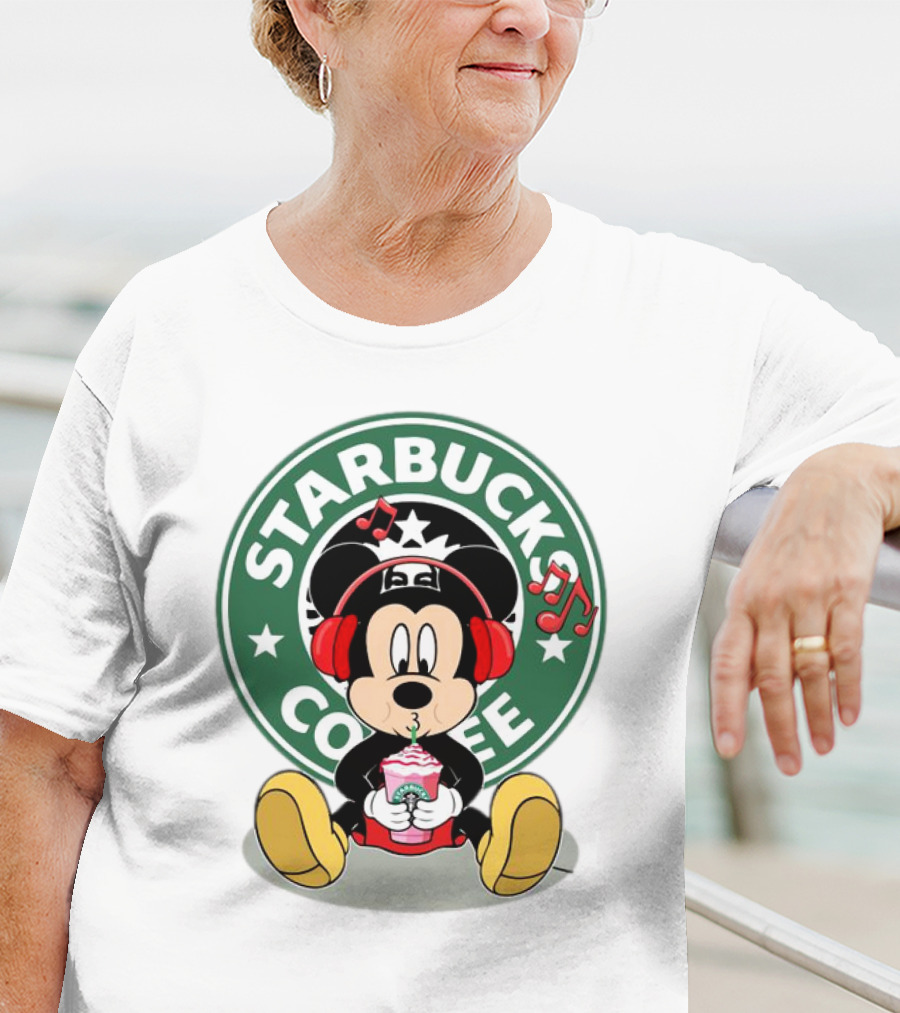 Mickey Mouse Listening To Music With Starbucks Coffee Cup T-Shirt