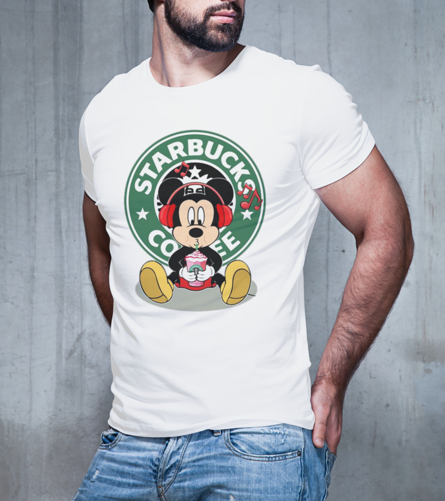Mickey Mouse Listening To Music With Starbucks Coffee Cup T-Shirt