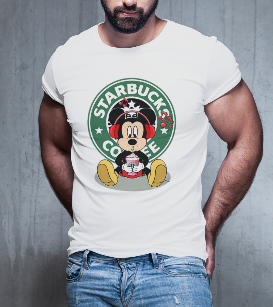Mickey Mouse Listening To Music With Starbucks Coffee Cup T-Shirt