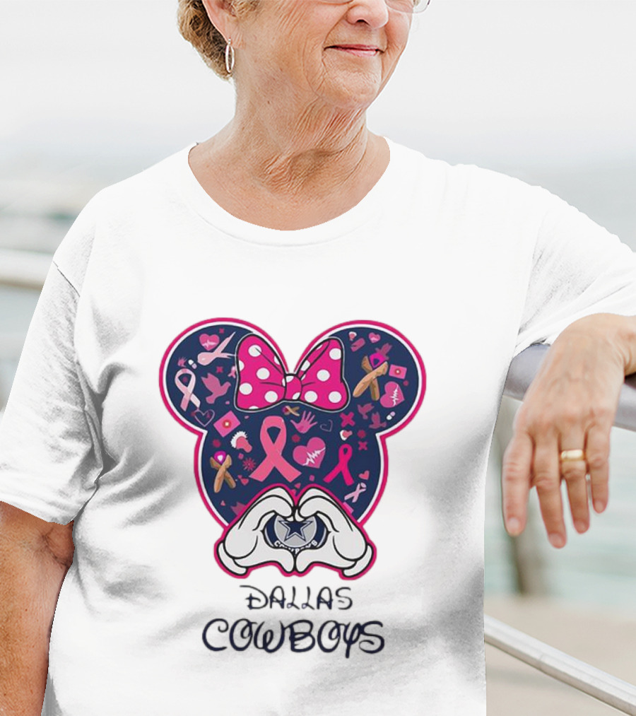 Minnie Mouse Pink Ribbon Heart Hands Dallas Cowboys Breast Cancer Awareness T-Shirt