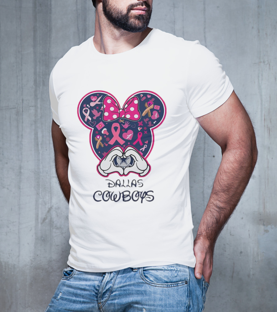 Minnie Mouse Pink Ribbon Heart Hands Dallas Cowboys Breast Cancer Awareness T-Shirt