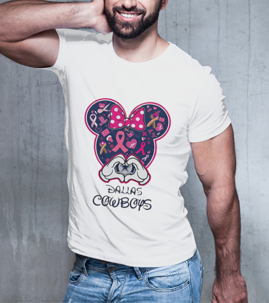 Minnie Mouse Pink Ribbon Heart Hands Dallas Cowboys Breast Cancer Awareness T-Shirt