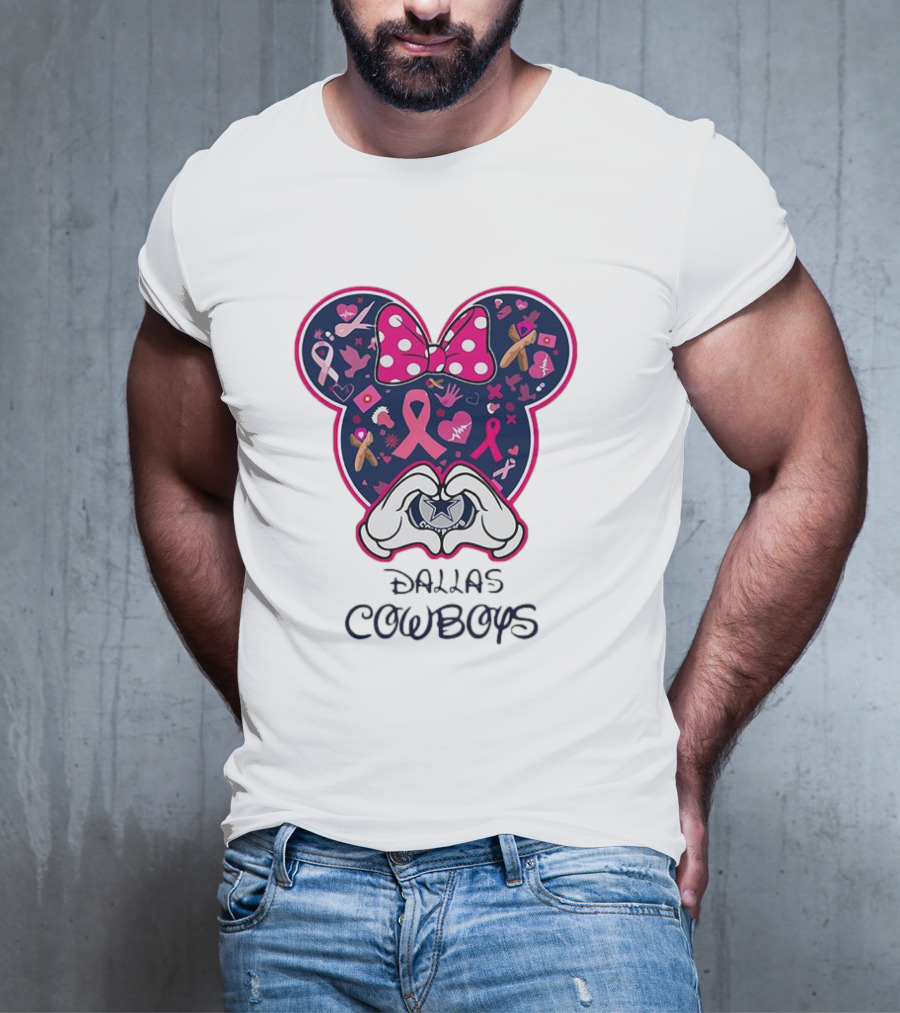 Minnie Mouse Pink Ribbon Heart Hands Dallas Cowboys Breast Cancer Awareness T-Shirt