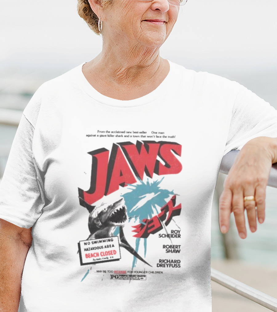 Jaws One Man Against A Giant Killer Shark Beach Closed Hazardous Area Roy Scheider Robert Shaw Richard Dreyfuss T-Shirt