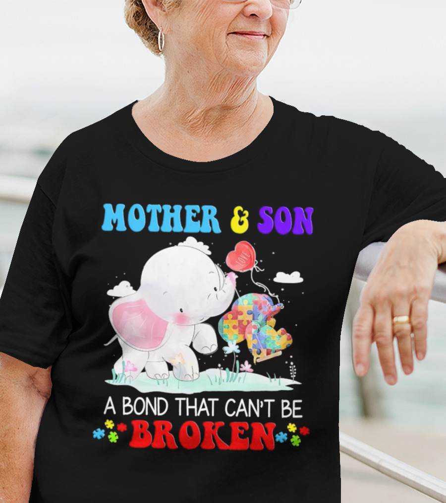 Mother And Son Elephants Autism Puzzle Heart A Bond That Can't Be Broken T-Shirt