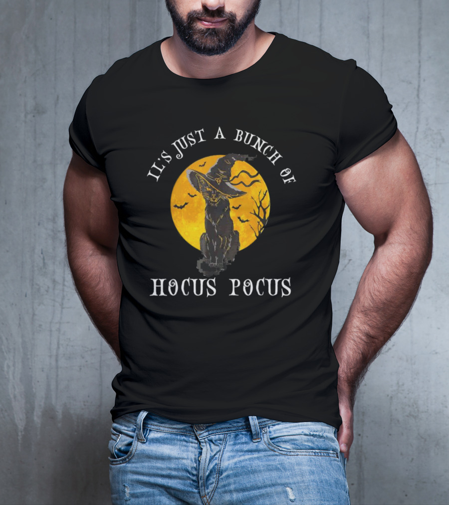 It's Just A Bunch Of Hocus Pocus Halloween Black Cat And Witch Hat With Full Moon T-Shirt