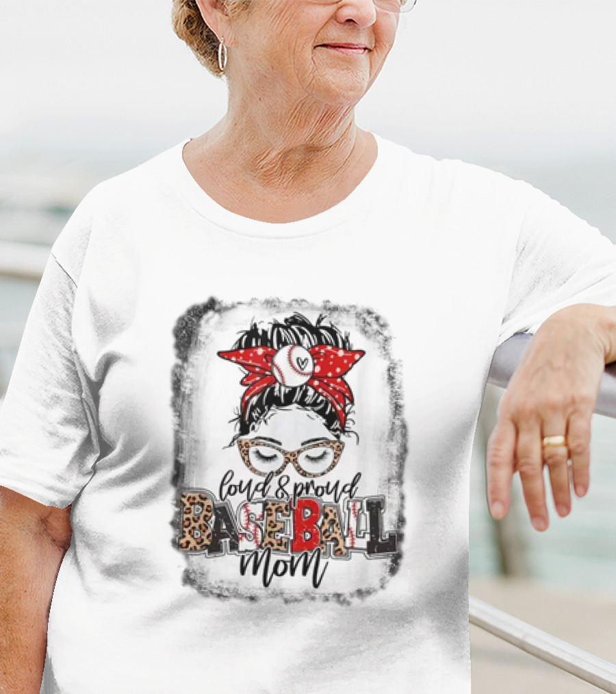 Loud Proud Baseball Mom Life Messy Bun Leopard Glasses Red Bandana T-Shirt