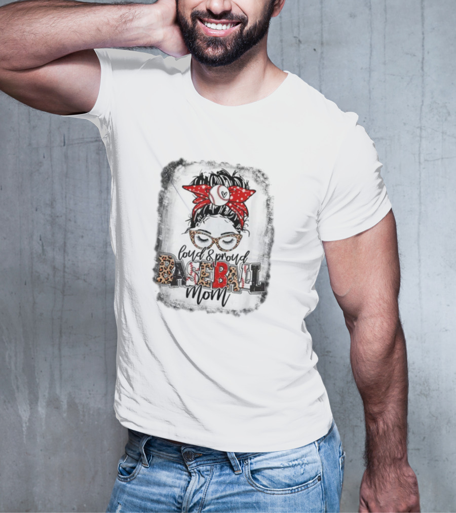 Loud Proud Baseball Mom Life Messy Bun Leopard Glasses Red Bandana T-Shirt