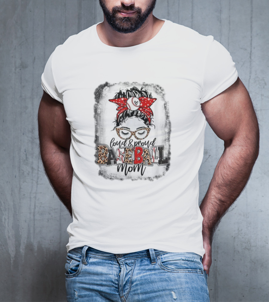 Loud Proud Baseball Mom Life Messy Bun Leopard Glasses Red Bandana T-Shirt