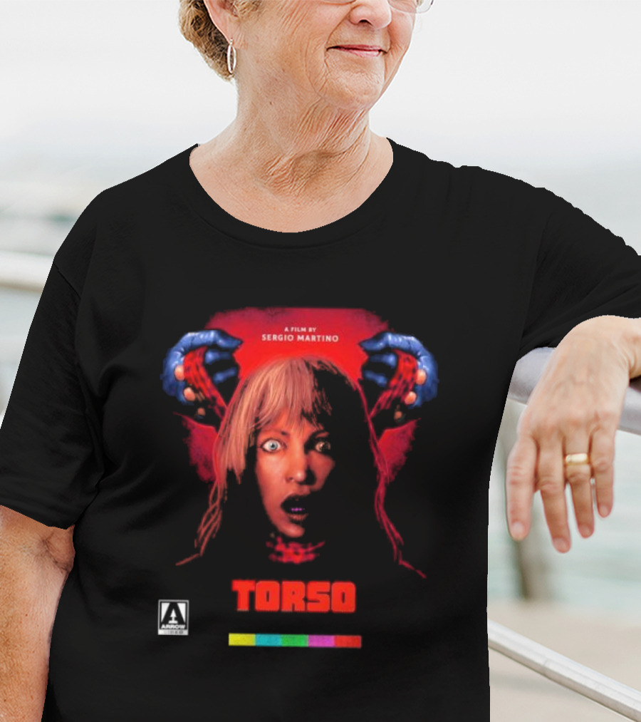 A Film By Sergio Martino Torso Horror Classic With Frightened Woman And Hands In Red And Blue T-Shirt