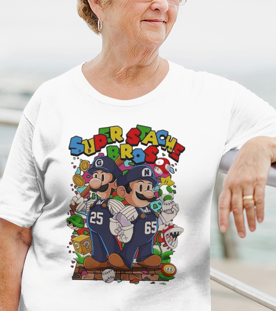 Super Stache Bros Numbers 25 And 65 Baseball Mario T-Shirt