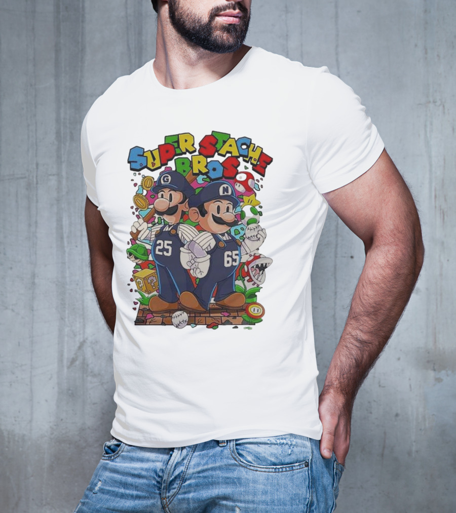 Super Stache Bros Numbers 25 And 65 Baseball Mario T-Shirt