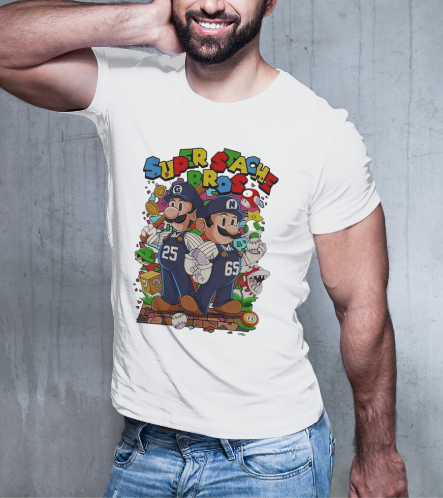 Super Stache Bros Numbers 25 And 65 Baseball Mario T-Shirt
