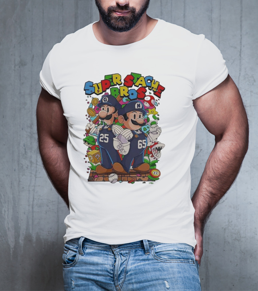 Super Stache Bros Numbers 25 And 65 Baseball Mario T-Shirt