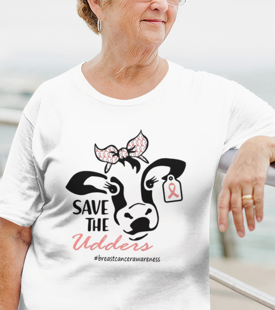 Cow Save The Udders Breast Cancer Awareness Ribbon Bow #breastcancerawareness T-Shirt