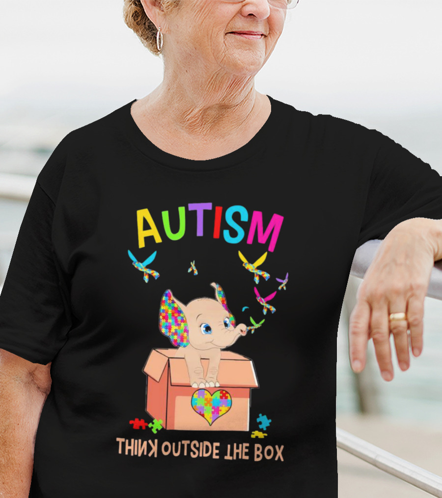 AUTISM Think Outside The Box Elephant With Puzzle Pieces And Butterflies T-Shirt