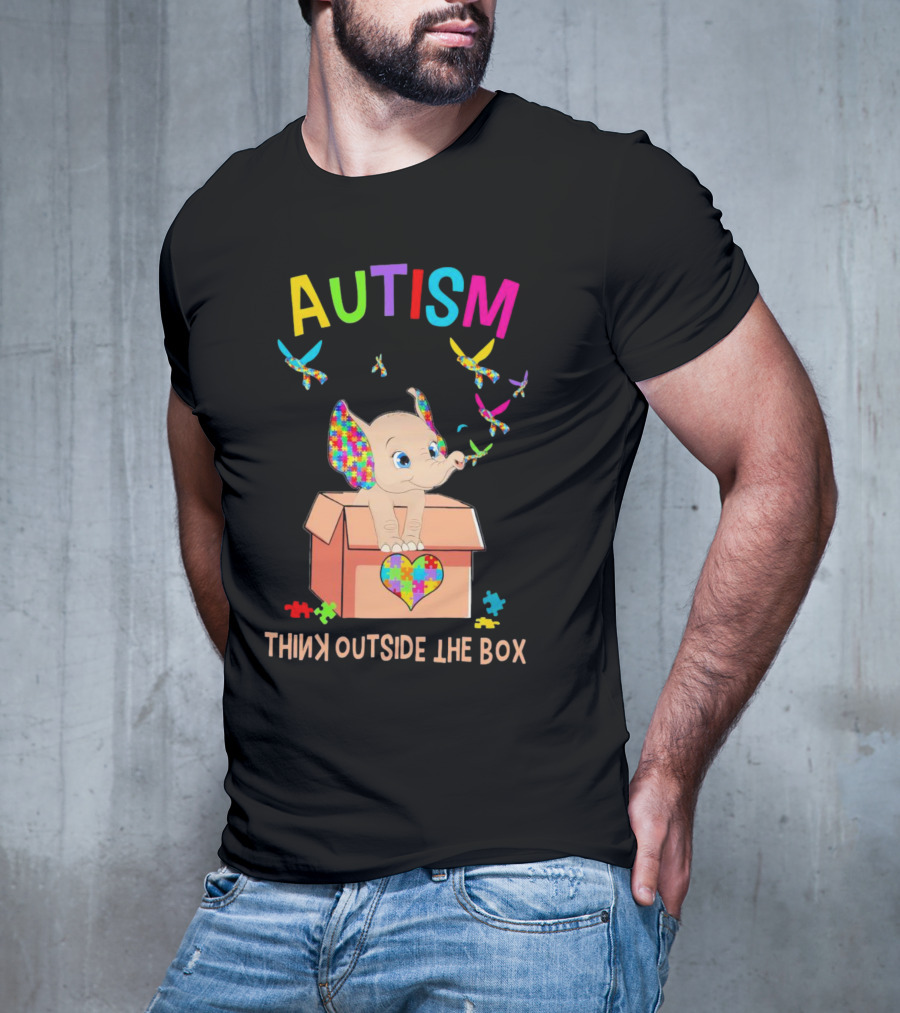 AUTISM Think Outside The Box Elephant With Puzzle Pieces And Butterflies T-Shirt