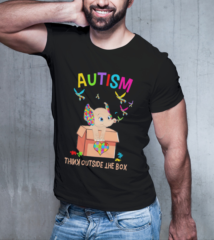 AUTISM Think Outside The Box Elephant With Puzzle Pieces And Butterflies T-Shirt