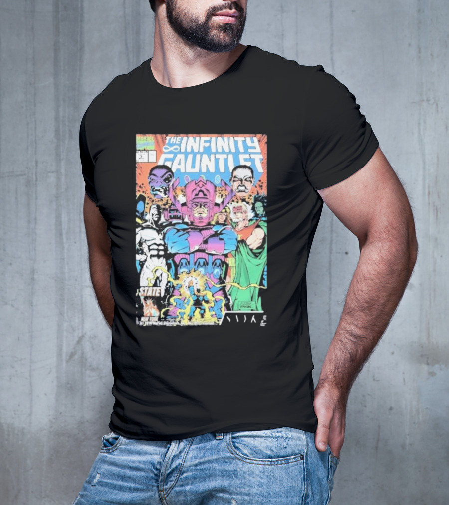 The Infinity Gauntlet Marvel Comics Cover Featuring Iconic Characters Galactus And Artistry T-Shirt